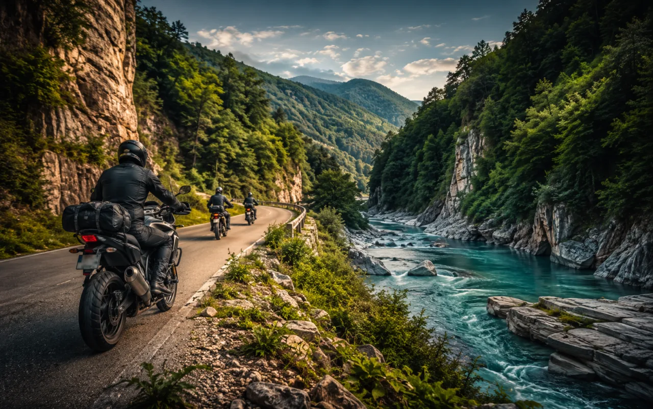 Мотопутешественники у водопадов реки Бешенка — однодневный маршрут Moto Levins